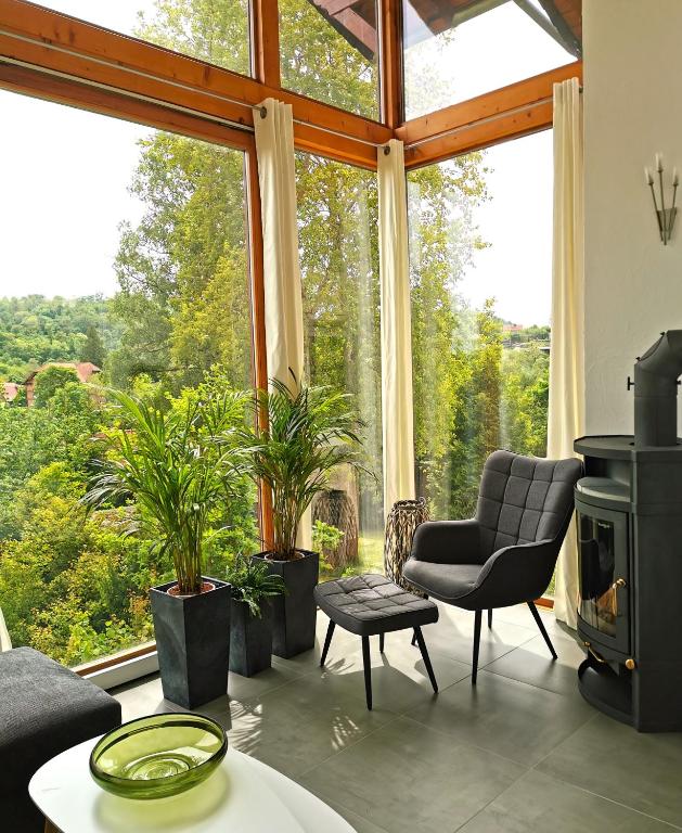 a living room with a large window with plants at DAS Ferienhaus Waldblick in Güntersberge