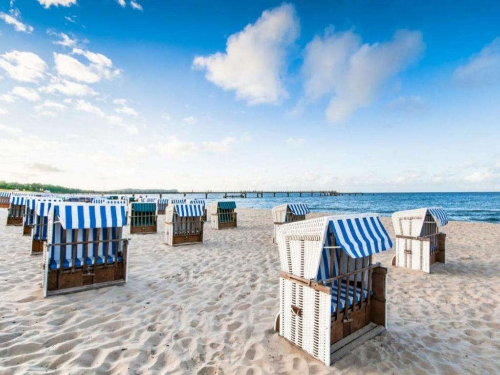 a row of beach chairs on a sandy beach at TENNiS Sopot in Sopot