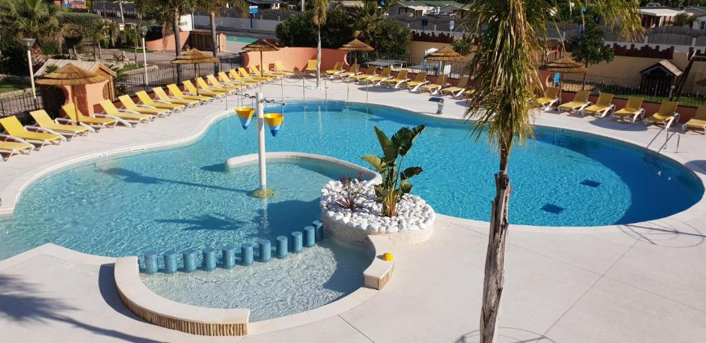 une grande piscine avec des chaises et un palmier dans l'établissement CAMPING RÊVE DES ILES, à Argelès-sur-Mer