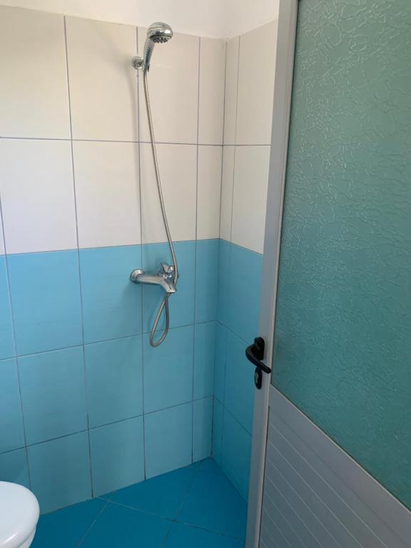 a shower in a bathroom with blue and white tiles at Villas Ermali in Ksamil