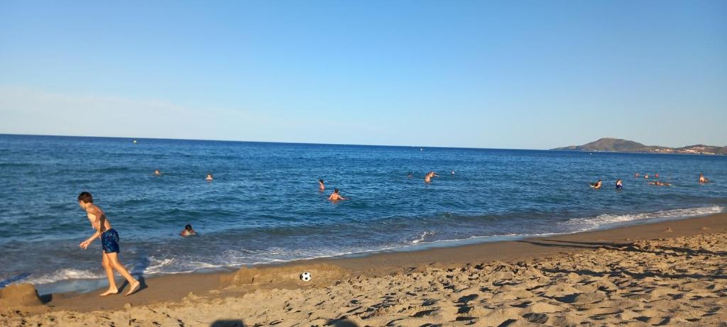 un groupe de personnes dans l'eau à la plage dans l'établissement Appartement sur marina Saint CYPRIEN plage - finalisez vos reservations sur PC pas telephone, à Saint Cyprien Plage