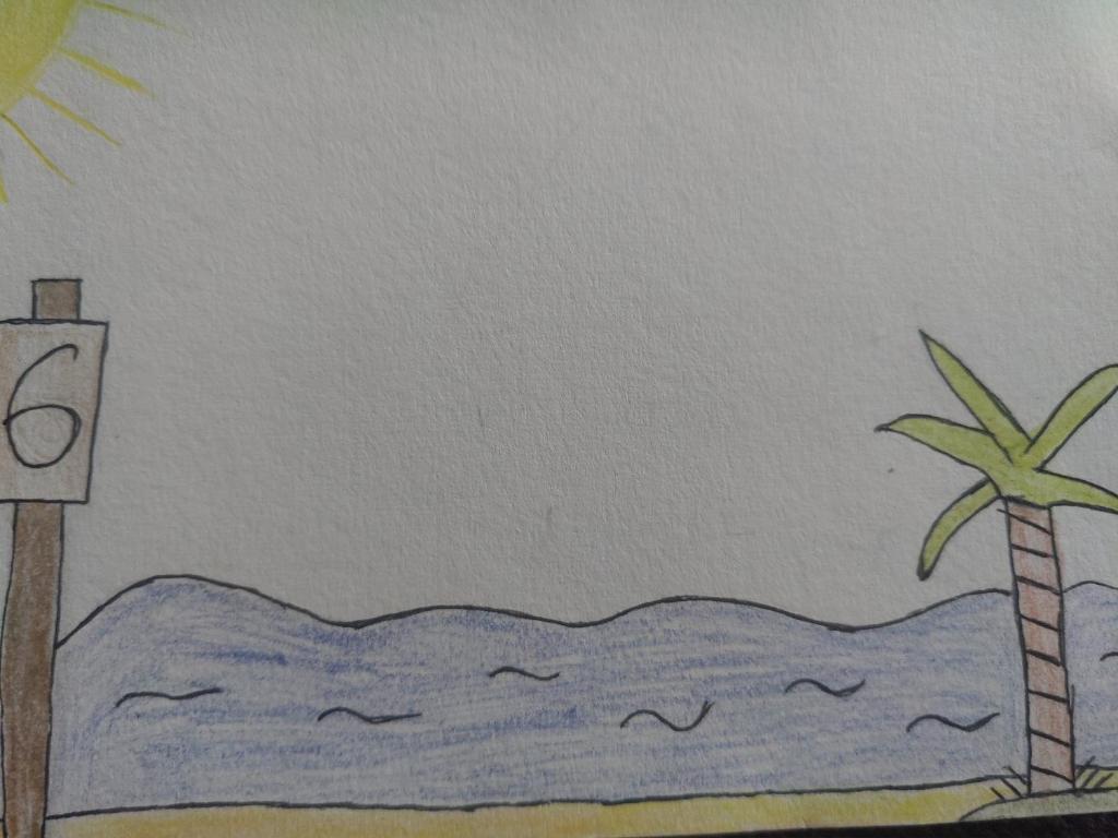 a drawing of a beach with a palm tree and the ocean at Living Gijon & Parking in Gijón