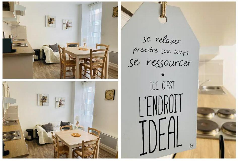 un collage de photos d'une cuisine et d'une table dans l'établissement La Belle Époque Cauterets - Appart 4-5 pers - Plein centre - WIFI et Parking, à Cauterets