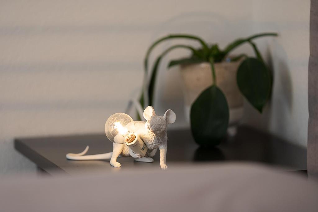 ゴスラーにあるFerienwohnung Hahneの植物の横のテーブルに座るネズミ