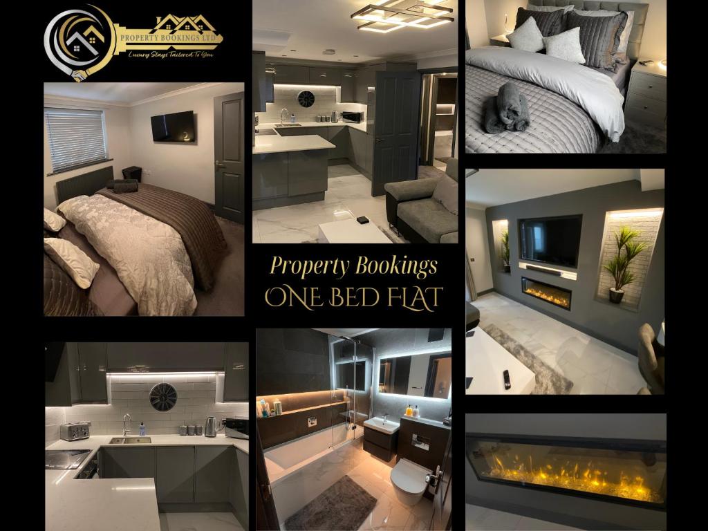 eine Collage mit Fotos eines Apartments mit 1 Bett in der Unterkunft Beautiful modern cosy central apartment / sleeps 4 in Reading