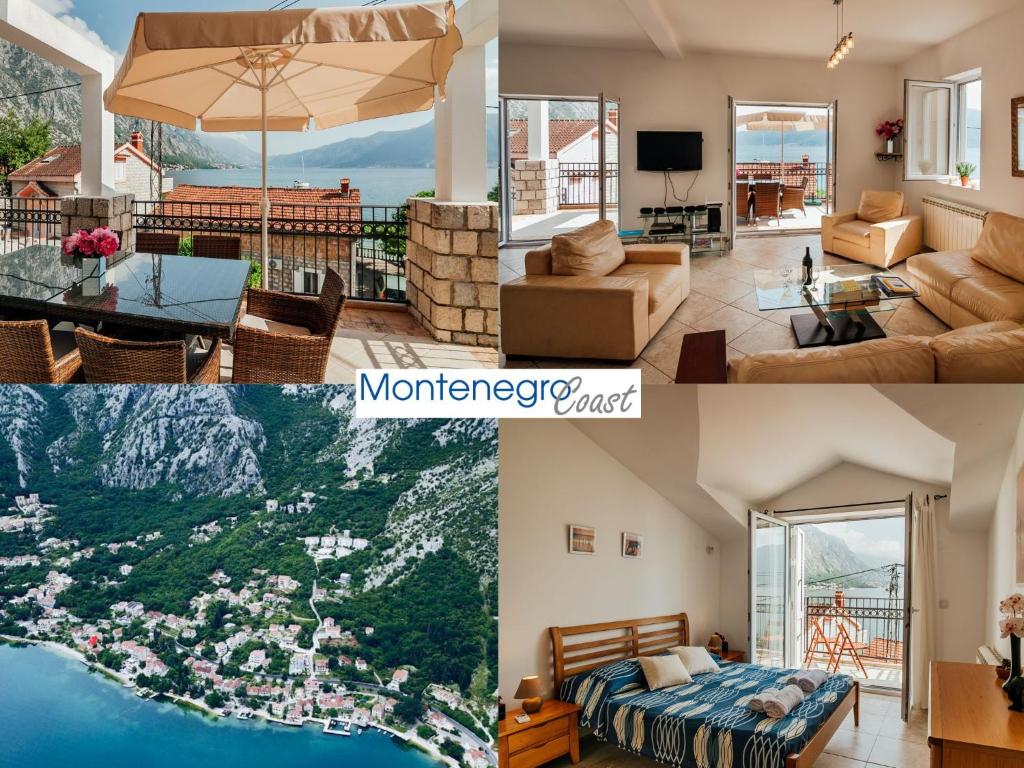 a collage of photos of a living room with a view at Holiday Home Amanda Hollick in Kotor