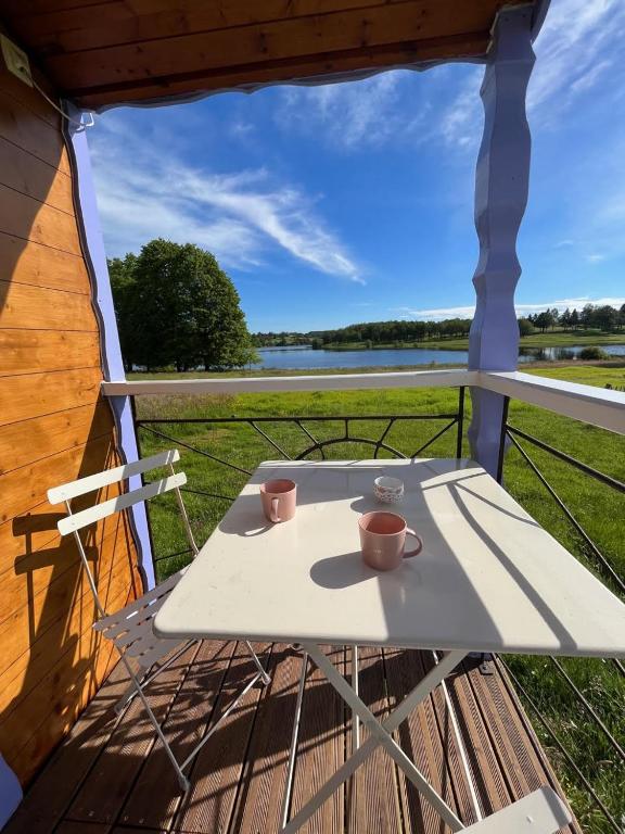 - une table sur une terrasse couverte avec 2 tasses dans l'établissement Les logements insolites de la Base Nautique, à Verneuil