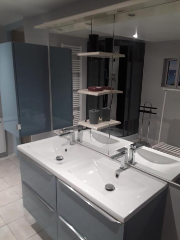 une salle de bain avec deux lavabos et un grand miroir dans l'établissement Gite nature, à Mandray