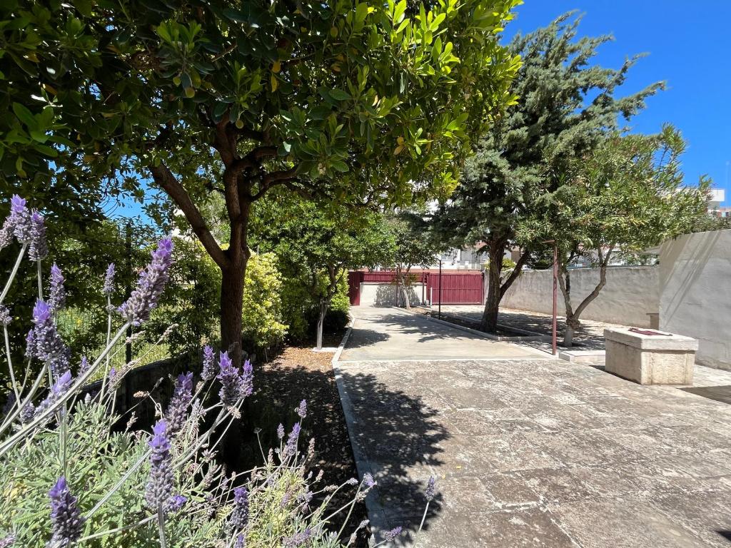 een tuin met paarse bloemen en bomen en een stoep bij Villa Luce in Bisceglie