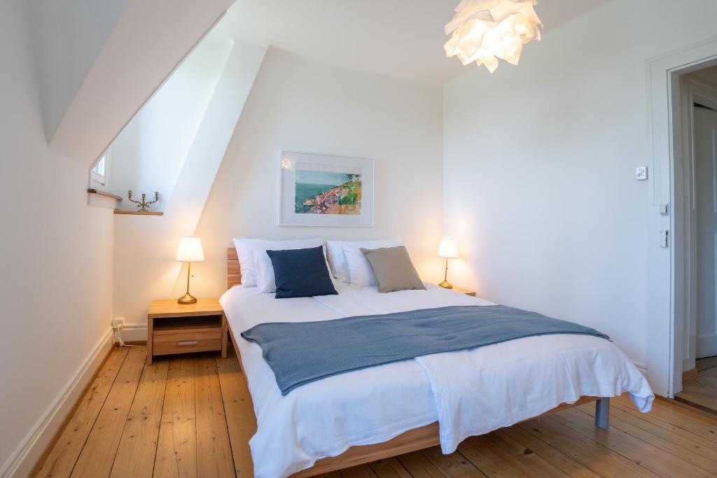 1 dormitorio con 1 cama blanca grande y 2 lámparas en Charmante Altbauwohnung am Rhein en Basilea