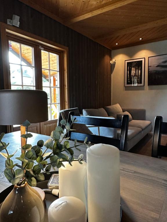 a living room with a table and a couch at Trysil Moderna Lodge in Trysil