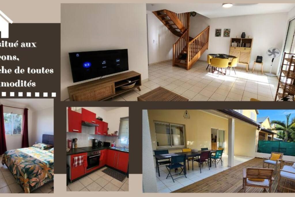 a collage of pictures of a kitchen and a living room at Maison Calme aux Avirons in Les Avirons