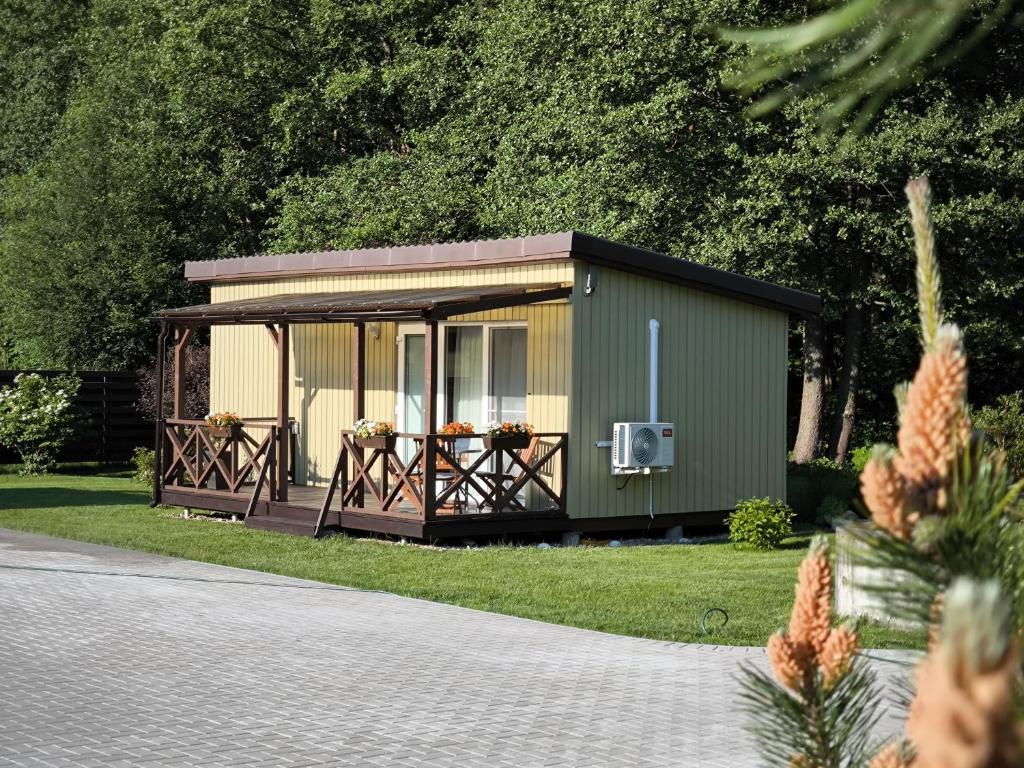 a green shed with a deck in the grass at Poilsio namelis po juodalksniais (Nemirseta) in Palanga