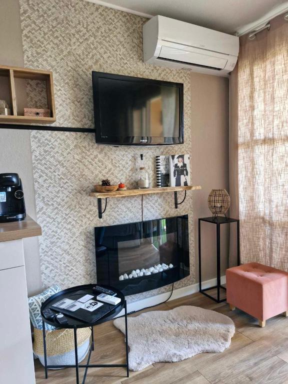 Il comprend un salon doté d'une cheminée et d'une télévision à écran plat. dans l'établissement Vacances au paradis, à Saint-Raphaël