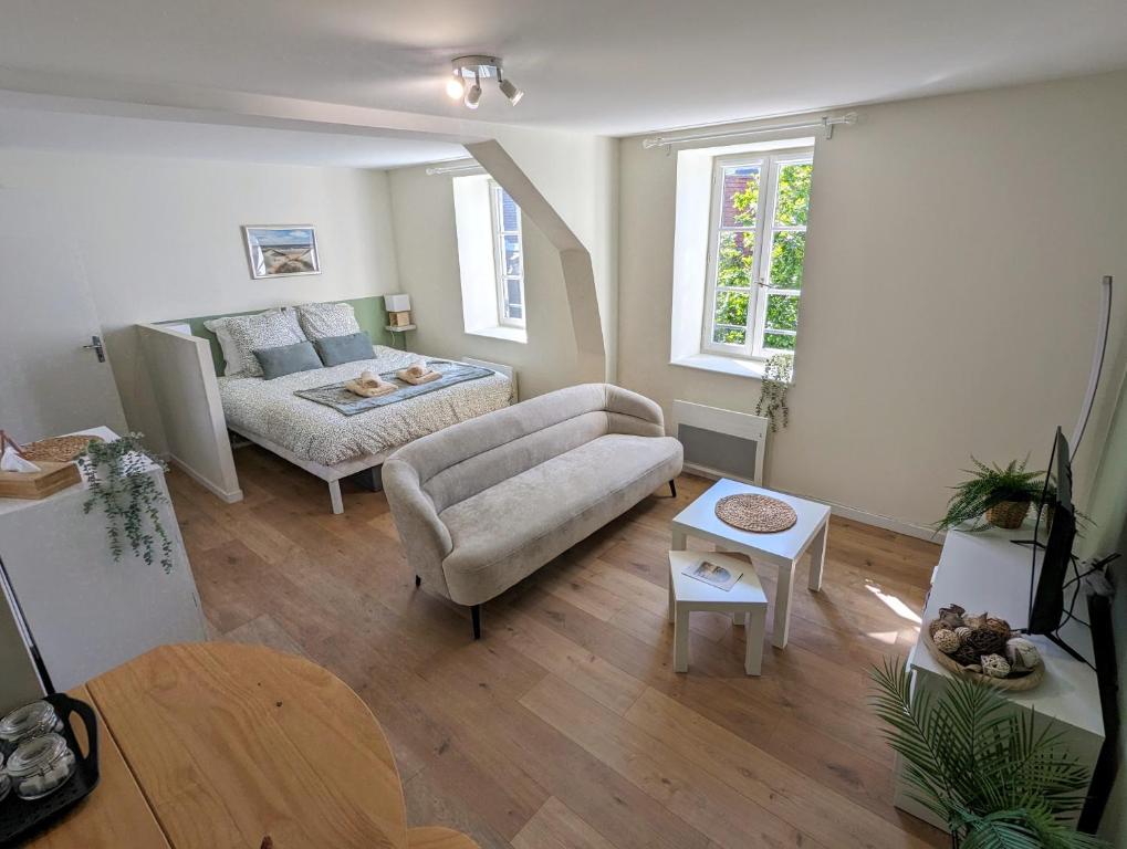 un salon avec un canapé et une table dans l'établissement Vue basilique, au cœur de la vieille ville, à Boulogne-sur-Mer