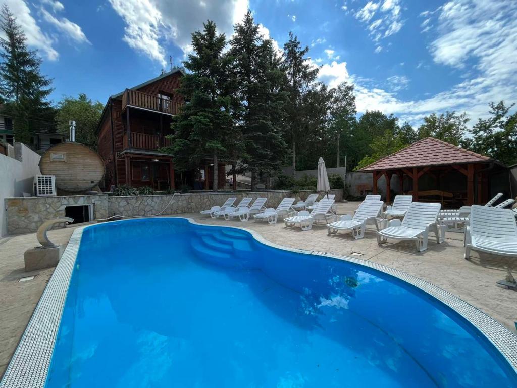 a swimming pool with lounge chairs and a house at Brvnara Petra in Gornja Toplica