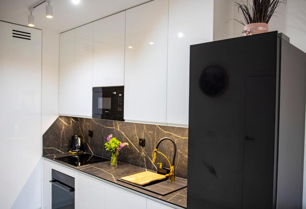 a kitchen with white cabinets and a black refrigerator at Imperial Citi Yes Apartament in Krakow