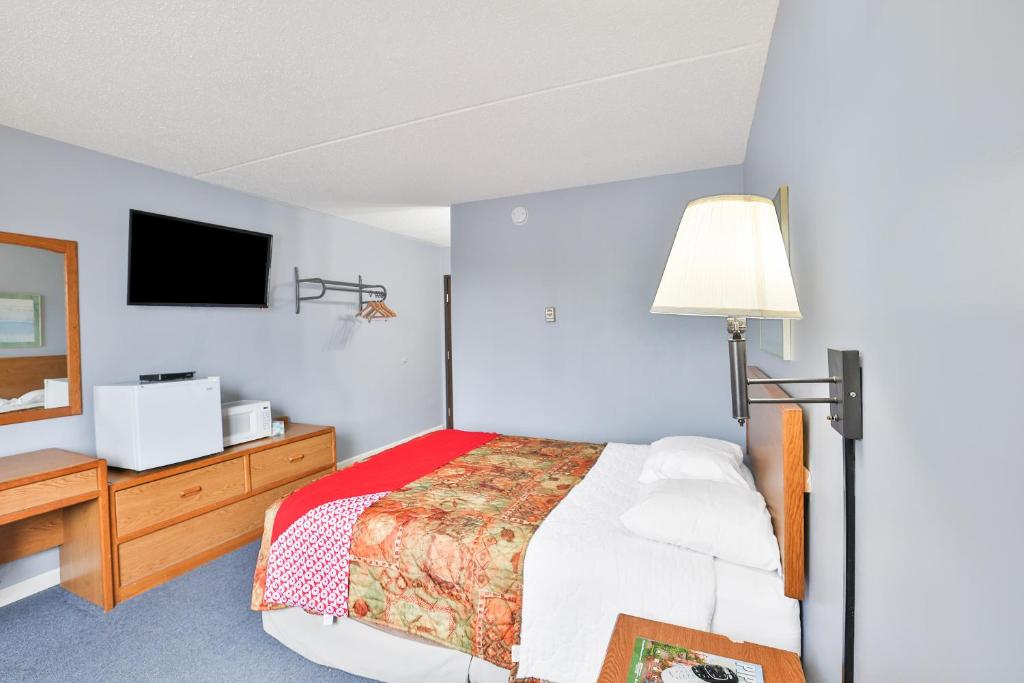 a bedroom with a bed with a lamp and a tv at OYO Hotel Pipestone MN, Canterbury Park in Pipestone