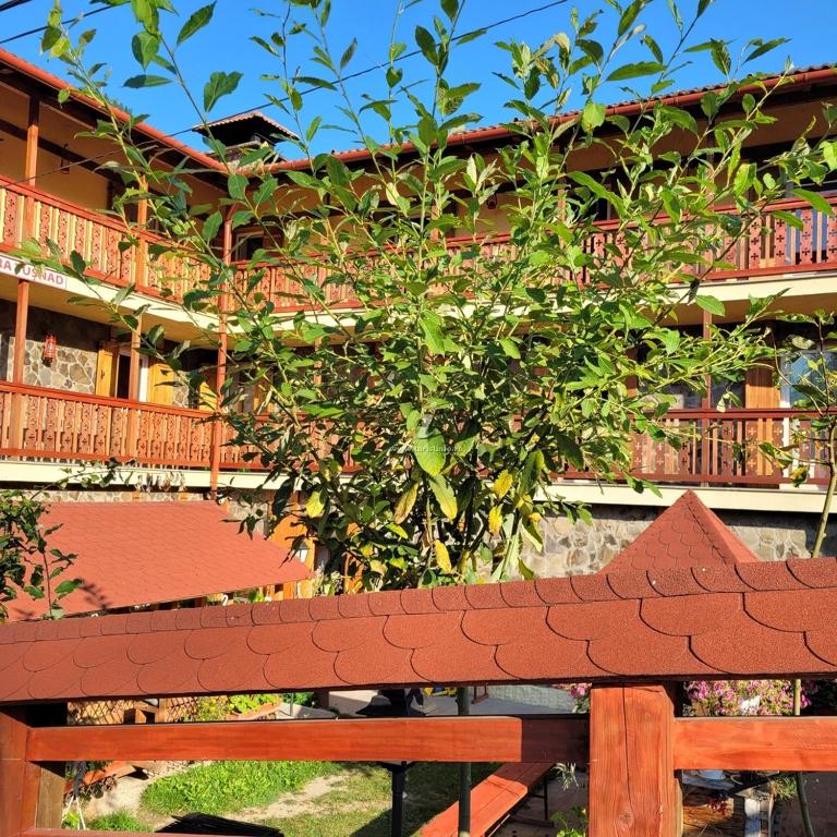 a wooden bench sitting in front of a building at Natura Tusnad in Băile Tuşnad