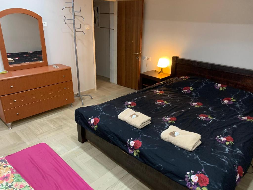 a bedroom with a bed and a dresser and a mirror at Mi Amor in Nevatim