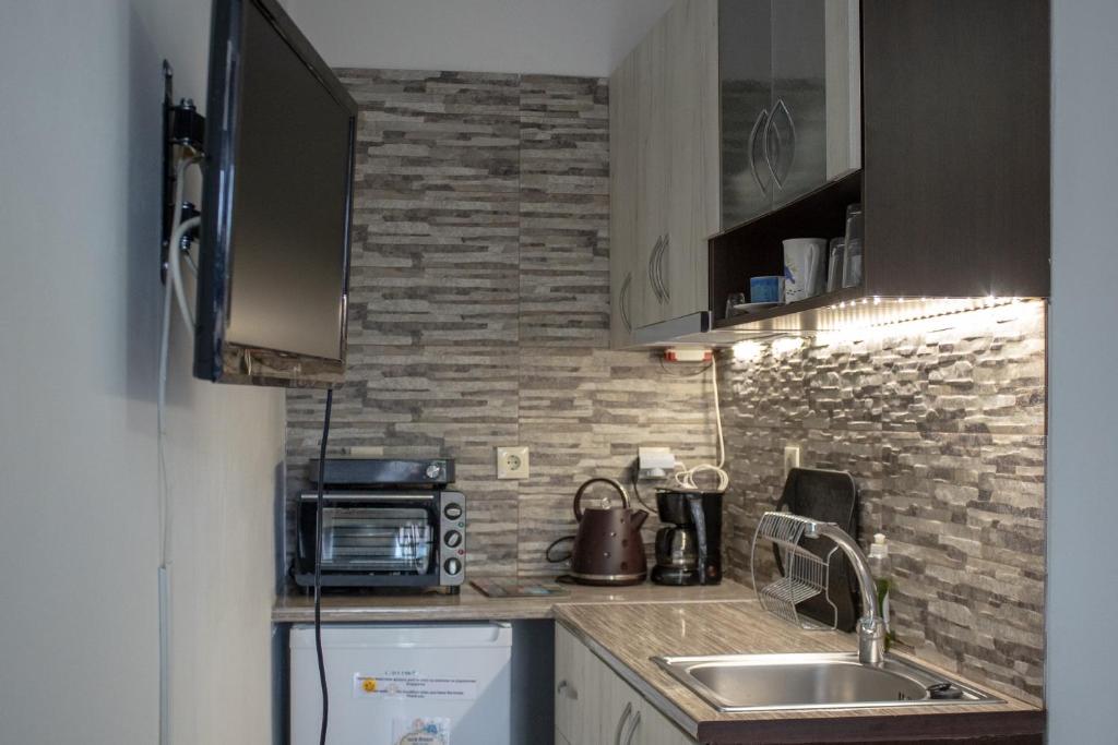 a small kitchen with a sink and a microwave at Mamouth Studios in Chania Town