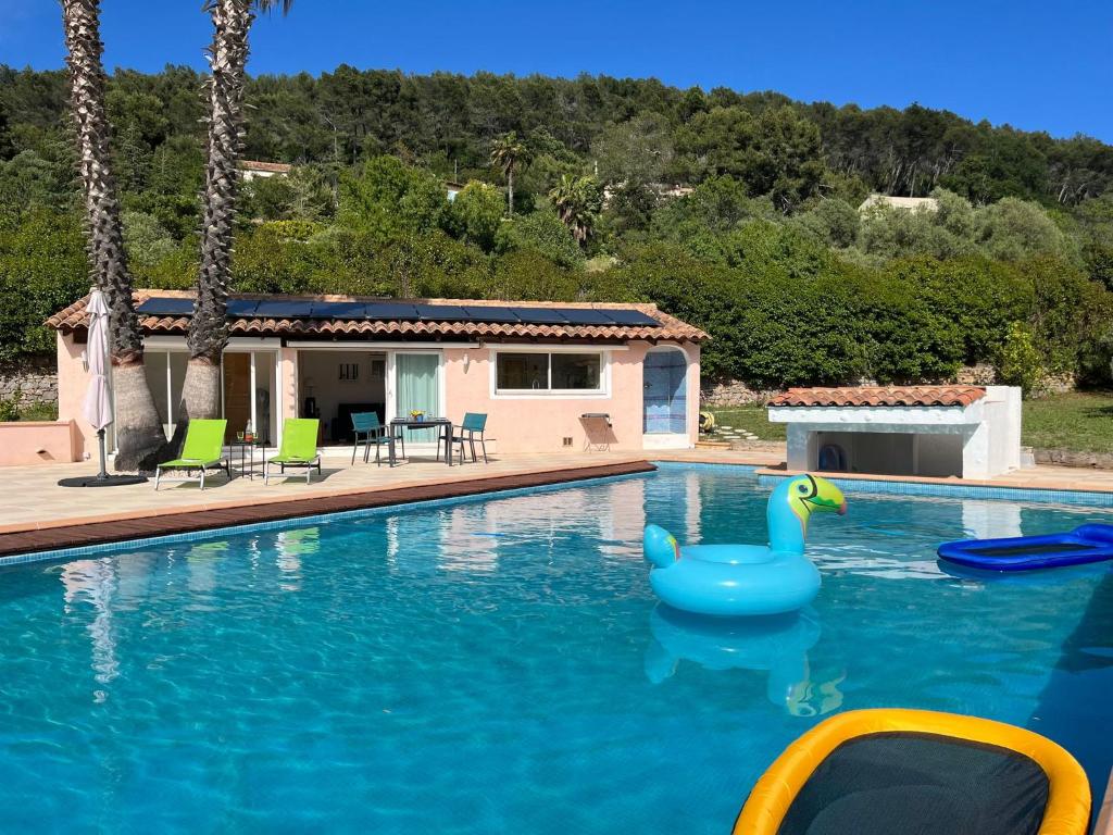 - une piscine avec un canard en caoutchouc bleu dans l'eau dans l'établissement Petite Villa indépendante - Grande piscine 12x8, à Carqueiranne
