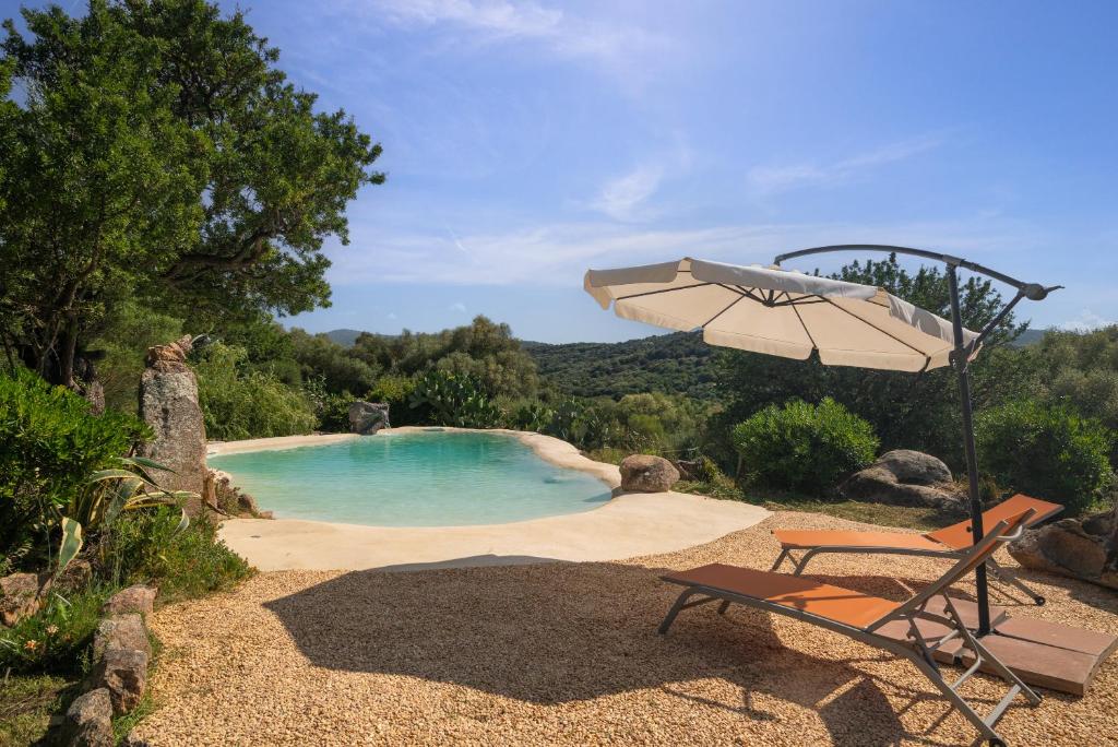a chair and an umbrella next to a swimming pool at Stazzu La Piredda in Arzachena