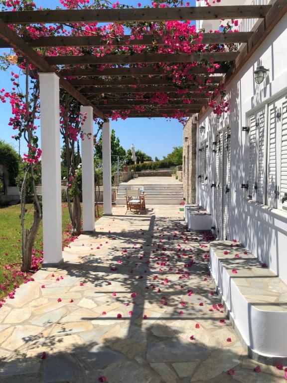 a walkway covered in pink flowers on a building at Villa Alexandros in Porto Heli