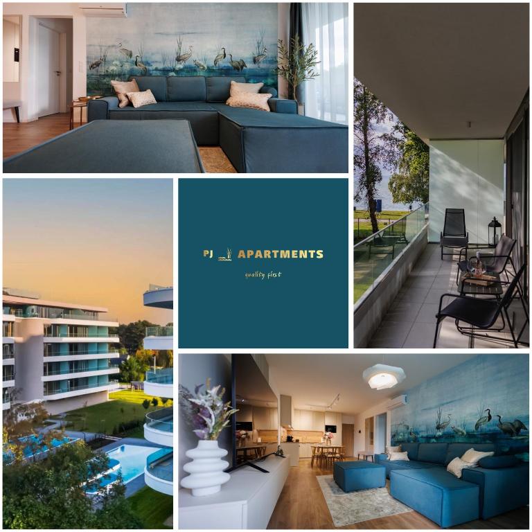 a collage of photos of a living room and a house at Wave Luxury Apartment in Siófok