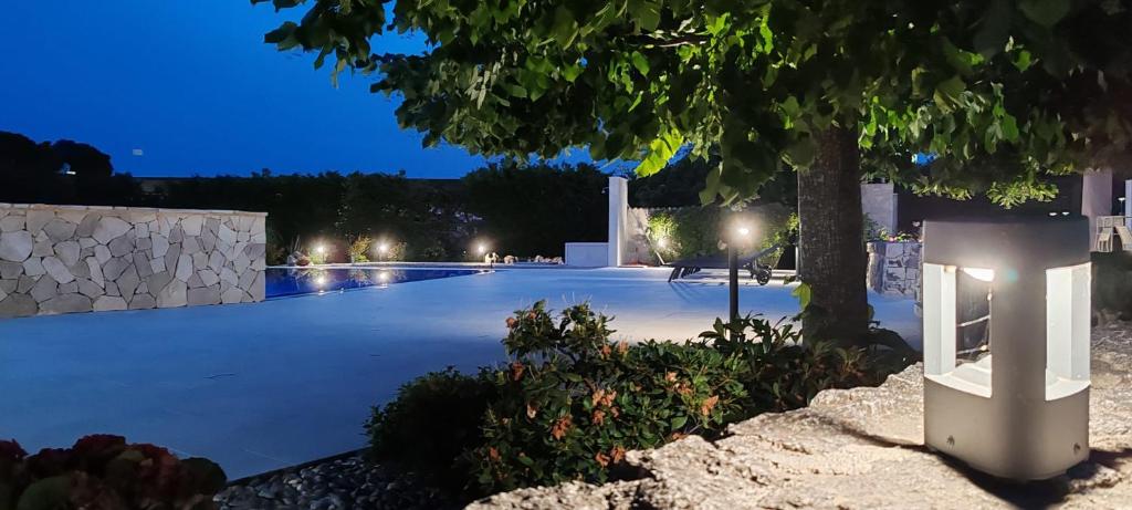 a large driveway at night with a tree and lights at Villa dei tigli - Altamura in Altamura