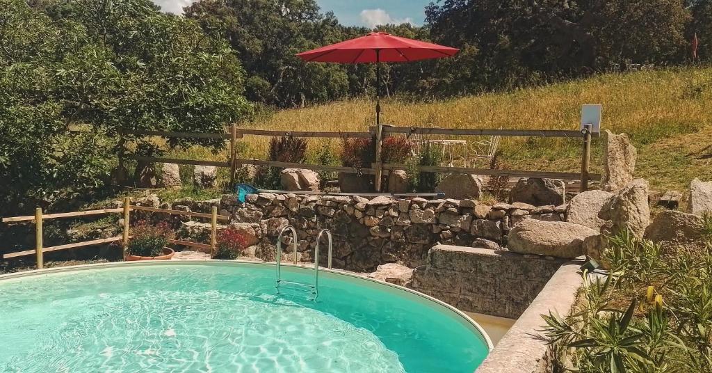 a pool with an umbrella next to a rock wall at Eco Lodge nella natura Con Piscina privata "La Grande Quercia" in Calangianus