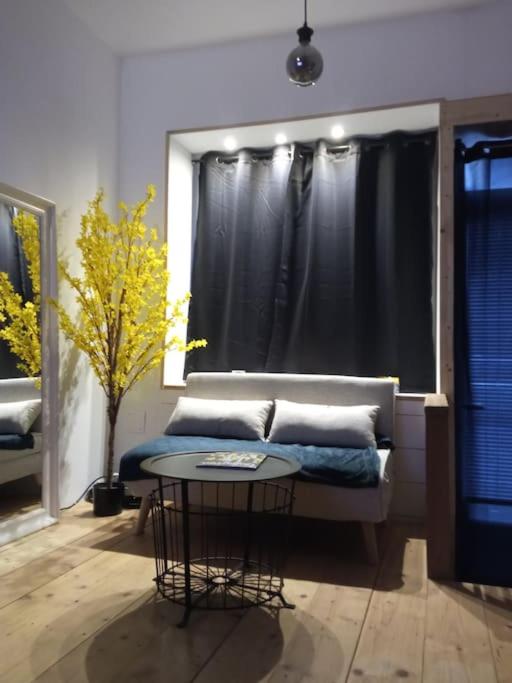 un salon avec un canapé et une table dans l'établissement CHARMANT STUDIO à 2 pas de NAVAL GROUP au coeur d une rue commerçante, à Cherbourg en Cotentin