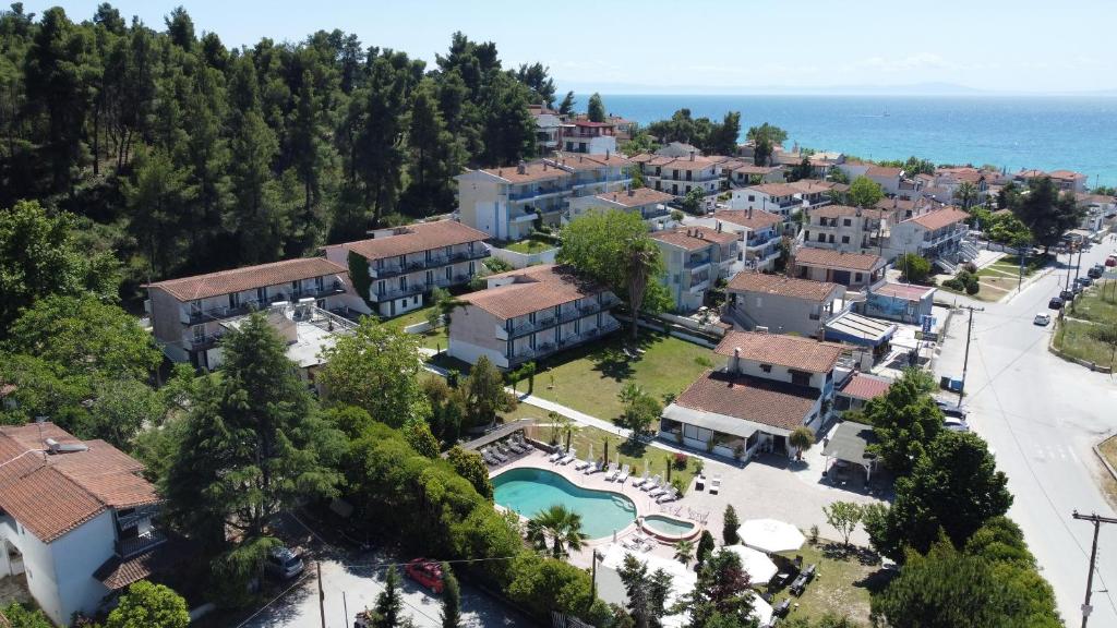 an aerial view of a resort near the ocean at Jenny Hotel in Siviri