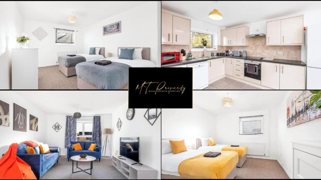 uma colagem de fotos de uma cozinha e uma sala de estar em Spacious house with 8 beds - convenient location - Whitwell em Peterborough