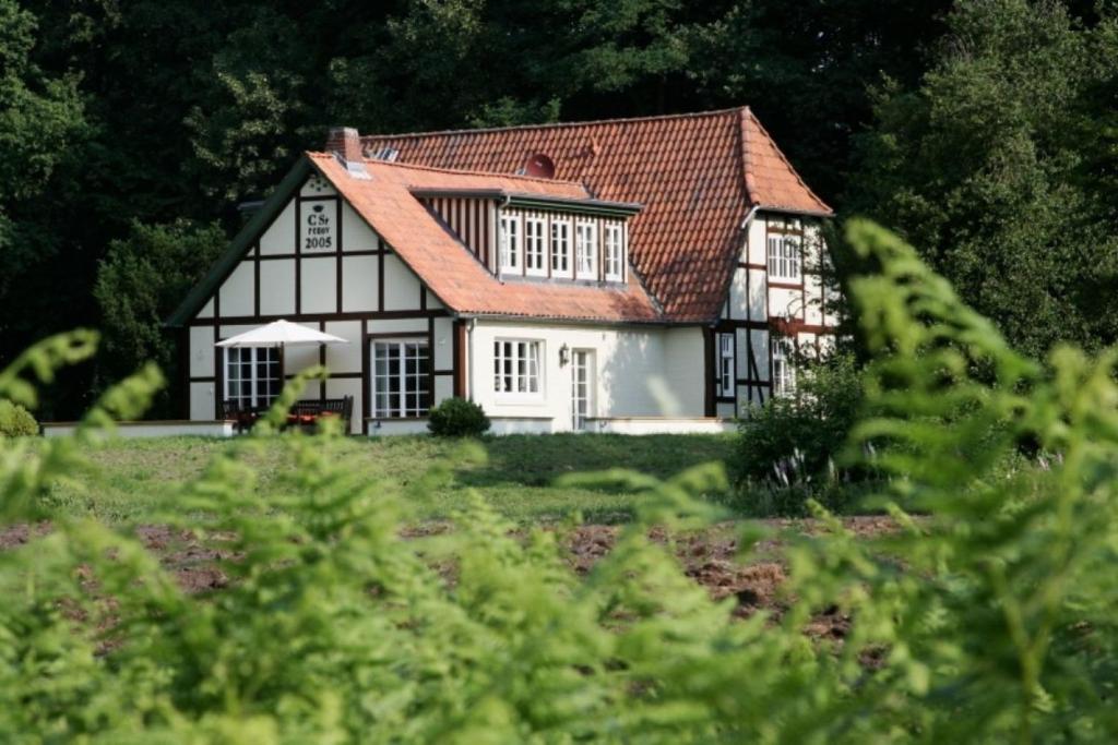 uma casa a preto e branco com um telhado vermelho em Alte Schäferei - Schäferstube em Lüdersburg