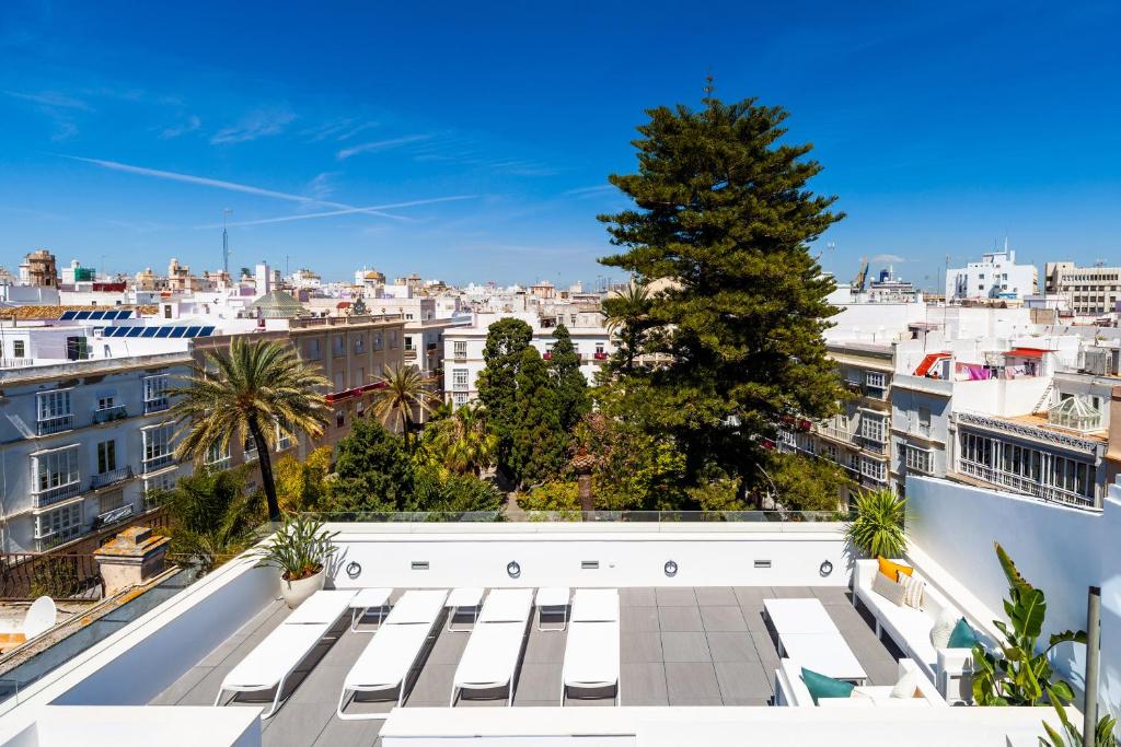 una vista desde el techo de un edificio con un árbol en Candelaria10, en Cádiz