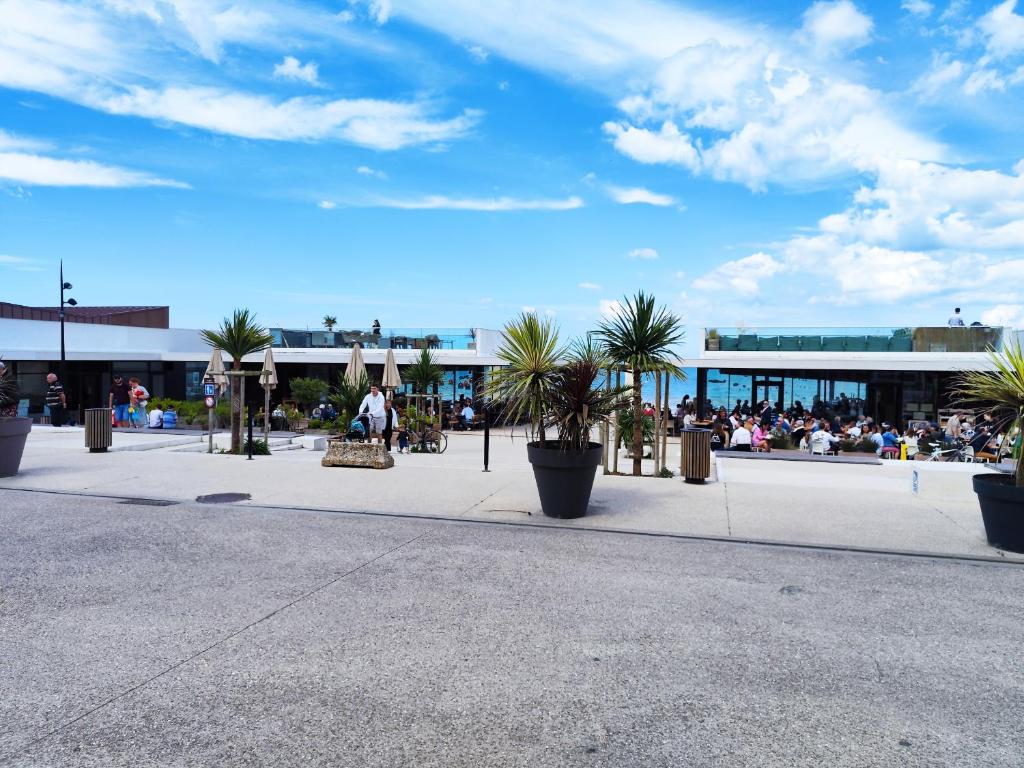 a group of palm trees in a courtyard with a building at Charmant logement à Luc-sur-Mer - 100m de la Plage in Luc-sur-Mer