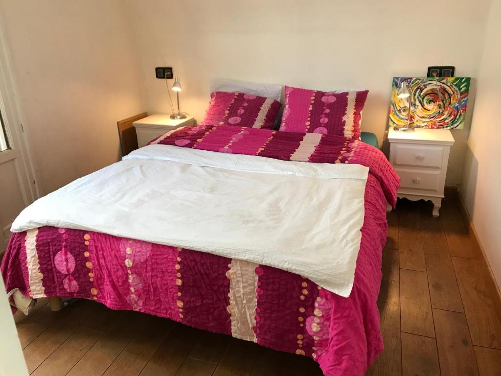 パリにあるSharing flatのベッド(ピンクと白の毛布、枕付)