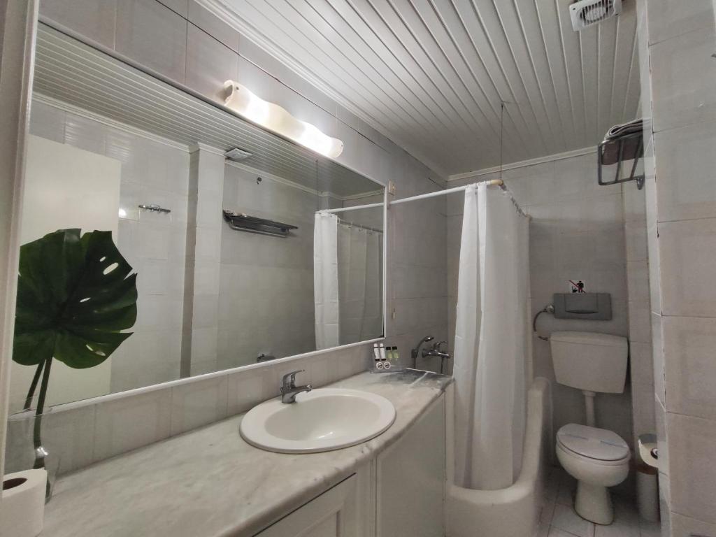 La salle de bains est pourvue d'un lavabo, de toilettes et d'un miroir. dans l'établissement Sidra Hotel, à Hydra