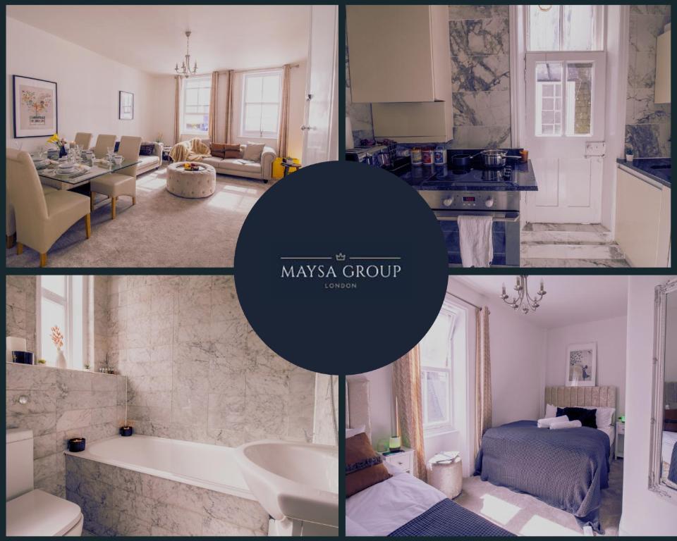 een collage van drie foto's van een badkamer en een woonkamer bij Mayfair Maisonette: Chic 2-Bedroom Retreat in Londen