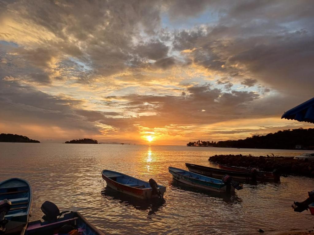 a group of boats on the water at sunset at Cabaña La Punta in Isla Grande
