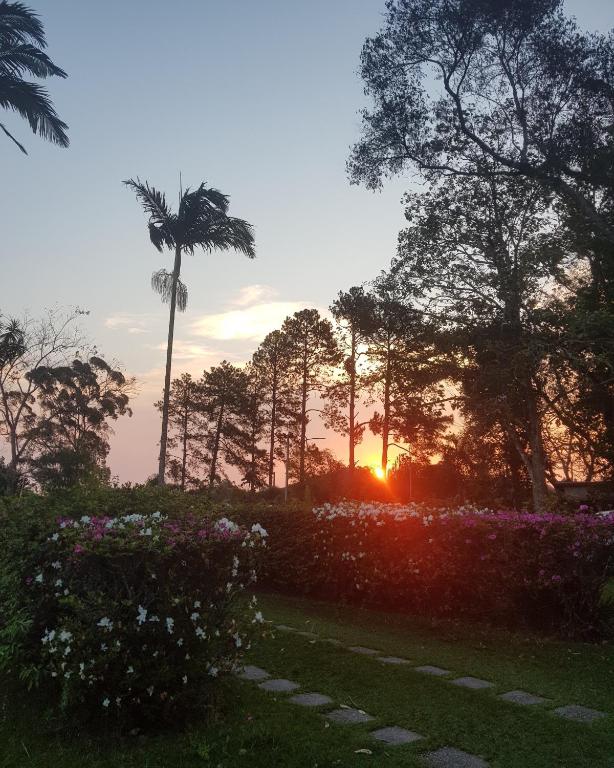 a sunset over a garden with flowers and a palm tree at Chácara Recanto Vida casa 1 in Mogi das Cruzes