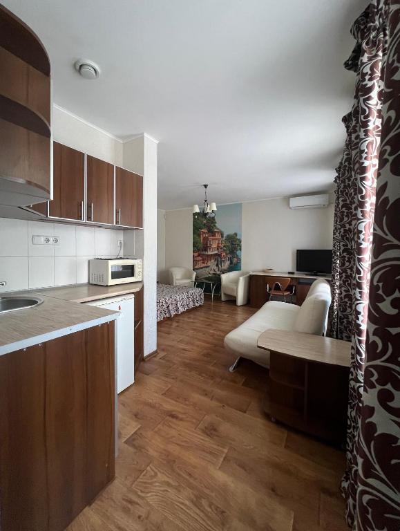 cocina y sala de estar con sofá en Apart hotel Asotel, en Járkov