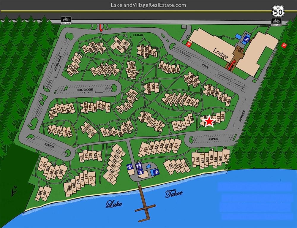 een plattegrond van een deelgebied bij Lakeland Village 481 - Family Footprints by the Lake-Sleeps 10 in South Lake Tahoe