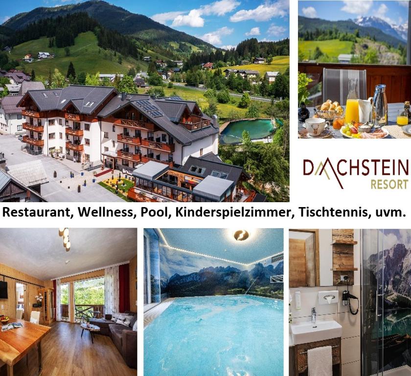kolaż zdjęć ośrodka w obiekcie Wellness- und Familienhotel Dachsteinresort w mieście Rußbach am Paß Gschütt