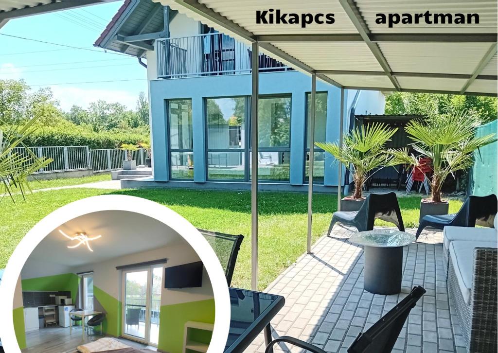 a house with a view of a patio with chairs and tables at Kikapcs apartman in Alsóörs