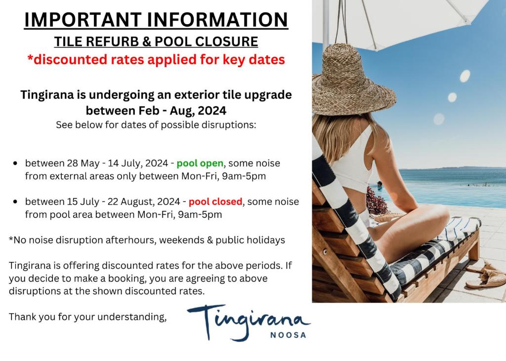 a flyer for a resort vacation with a woman in a beach chair at Tingirana Noosa in Noosa Heads