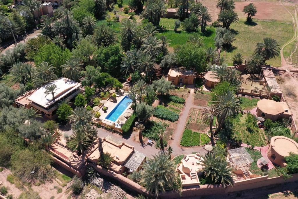 an aerial view of a resort with a swimming pool at Ecolodge La Palmeraie in Ouarzazate