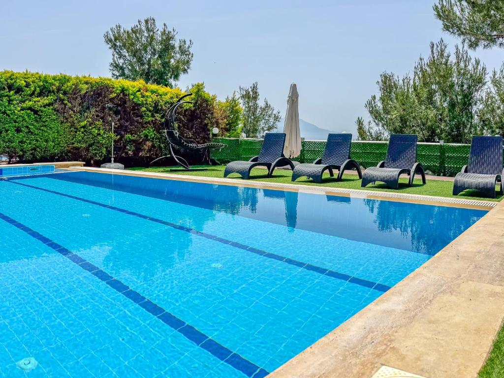 een zwembad met ligstoelen en een zwembad bij Exclusive Villas in Kuşadası