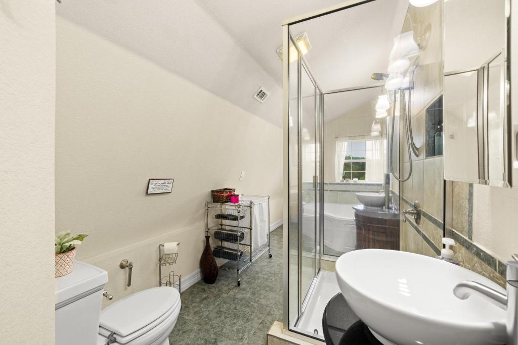 a bathroom with a sink and a toilet and a shower at Entire 2br 2ba hilltop view home Sleeps 8 pets 4 acres Jacuzzi Central AC Kingbeds Free Wifi-Parking Kitchen WasherDryer Starry Terrace Two Sunset Dining Patios Grill Stovetop Oven Fridge OnsiteWoodedHiking Wildlife CoveredPatio4pets & Birds Singing! in Marble Falls